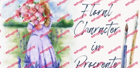 Watercolor Girl with Flowers in Procreate Digital Landscape Illustration on iPad free brushes