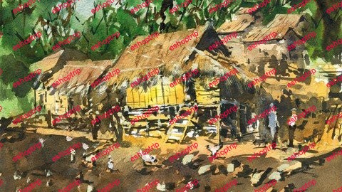 Village Huts In Watercolour Laos